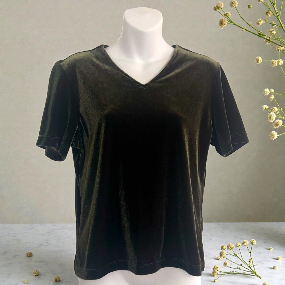 Y2K Olive Green Velvet Top | Kathie Lee Collection | V-Neck | Size M - Picture 1 of 8